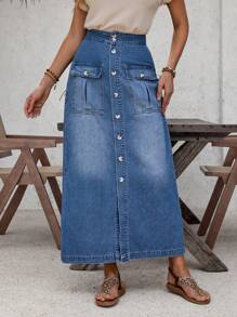 SHEIN LUNE High Waist Flap Pocket Denim Skirt