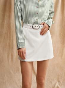 Anewsta Einfarbiger Skort mit Schrägtaschen und Gürtel - Weiss - Übersicht 1