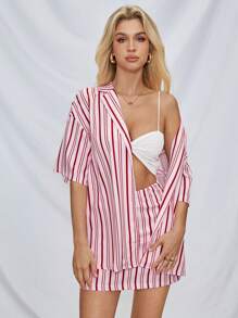 SHEIN Essnce Women's Striped Printed Slim Fit Mini Skirt, Pink/Red Stripes - Pink - View 4