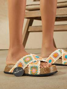 SHUZIA Chanclas de corcho tipo Birken de Ancho Amplio 2024, Sandalias de plataforma plana con acento de ganchillo en estilo retro de verano, Cómodas y Coloridas
