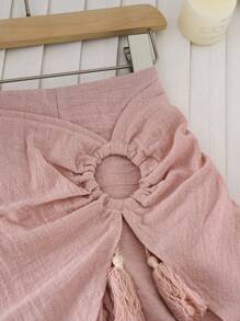 SHEIN Girl's Casual Denim Skirt Shorts, Spring/Summer, Apricot Color, Beachy Texture - Pink - View 7