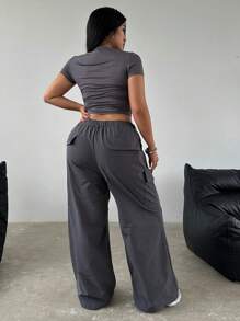 Flirla Plus Size Casualowe, jednokolorowe spodnie cargo z szerokimi nogawkami i wieloma kieszeniami