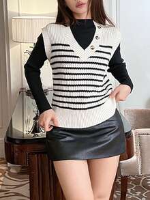 Chaleco de suéter diario simple con estampado a rayas para mujer