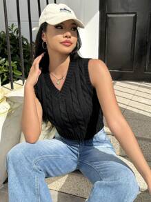 SHEIN EZwear 素色麻花編織短款毛衣背心不帶襯衫