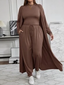 SHEIN LUNE Plus Solid Mock Neck Tank Top & Drawstring Waist Pants & Coat - Brown - View 1