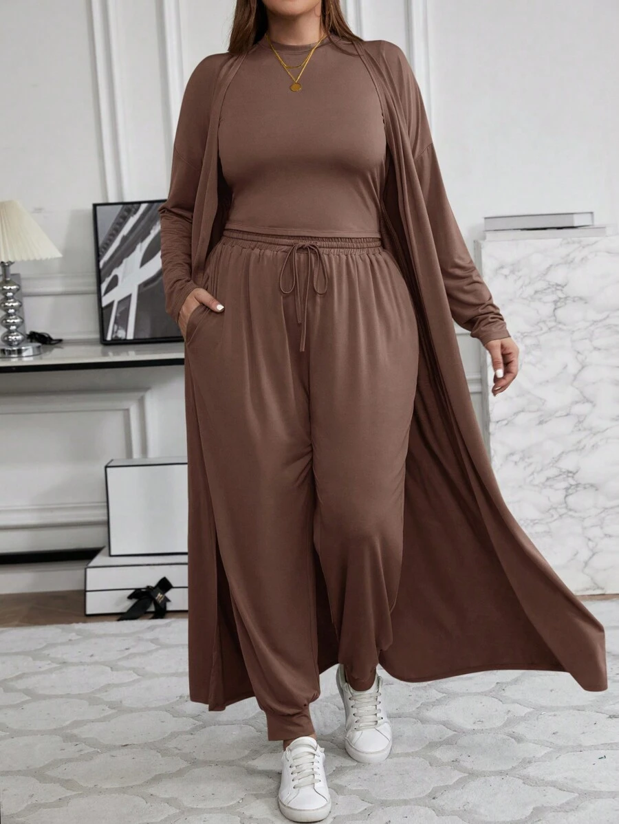 SHEIN LUNE Plus Solid Mock Neck Tank Top & Drawstring Waist Pants & Coat - Brown - View 1
