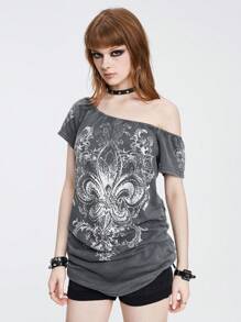 ROMWE Grunge Punk 十字印花宽松不对称领口女式 T 恤，带水钻装饰和荷叶边下摆，学校 - 深灰色 - 查看 5