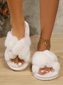 Fall/Winter Women's Cross Strap Plush Open Toe Slippers, Indoor Non-Slip House Slippers With Fashionable 3D Design, Suitable For Home,Fluffy Slippers