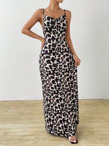 Almamuse Vestido largo con estampado de leopardo, vestido de mujer tipo camisero maxi - Caqui - Ver 5