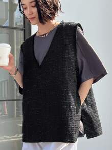 FRIFUL Solid V Neck Sleeveless Blouse Without Tee - Black - View 4