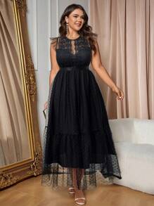 Cravure Plus Contrast Lace Ruffle Hem Mesh Dress Maxi Women Outfit Wedding - Black - View 3