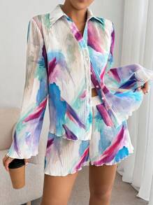 SHEIN Essnce Blouse et shorts avec impression intégrale et garniture en laitue. Style décontracté "Old Money" pour femmes. Hauts pour sortir, tenues d'automne, tenues de sortie - Multicolore - Voir 3