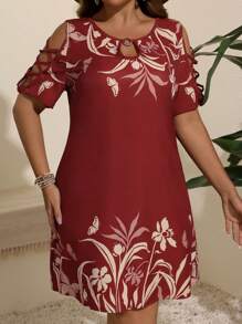 SHEIN VCAY Plus Floral Print Cold Shoulder Dress - Multicolor - View 3