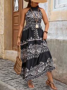 SHEIN VCAY Plus Retro Graphic Print Halter Neck Self Tie Dress - Multicolor - View 5