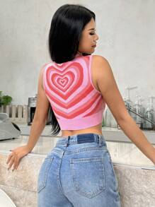 Muchica 愛心圖案小高領短款背心針織上衣 - 粉色 - 查看 2