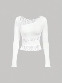 SHEIN MOD Áo thun nữ tay dài đan ren trắng, áo trắng, áo thu - trắng - Xem 1
