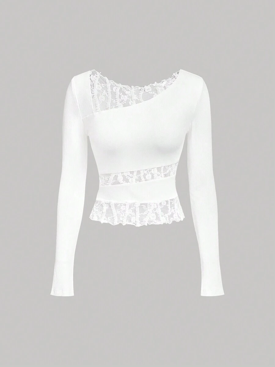 SHEIN MOD Áo thun nữ tay dài đan ren trắng, áo trắng, áo thu - trắng - Xem 1
