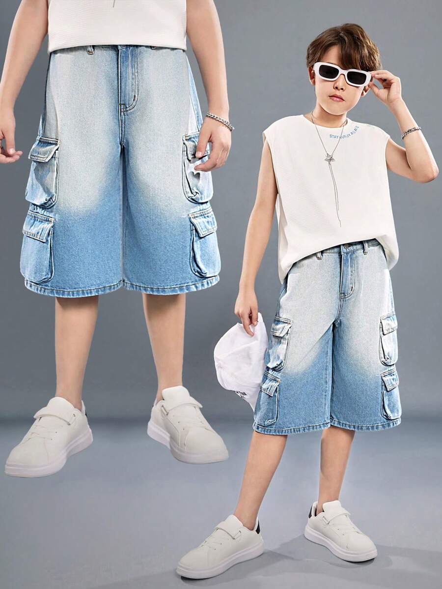 SHEIN Tween Boys' Summer Casual Cargo Pocket Washed Gradual Loose Wide Legs Bermuda Blue Denim Shorts - Light Wash - View 1