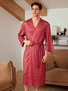 Men Allover Floral Print Belted Robe - Multicolor - View 3