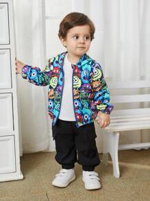SHEIN Baby Boy Baby Girl Casual Hooded Cardigan With Cartoon Monster Pattern