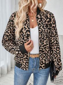 SHEIN LUNE Autumn & Winter Leopard Print Varsity Jacket For Women, Long Sleeve, Perfect For Back To School Relays And Sports Day - Brown - View 3