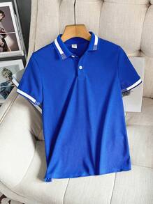 SHEIN 少年休閒校園風短袖Polo衫，帶翻領 - 藍色 - 查看 2