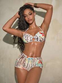 Swim Vcay Women's Summer Beach Snake & Floral Printed Halter Neck Tie Sexy Bikini Set