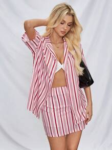 SHEIN Essnce Women's Striped Printed Slim Fit Mini Skirt, Pink/Red Stripes - Pink - View 7