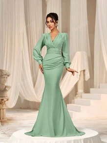 Faeriesty Elegant Cross-Over V-Neck Lantern Sleeve Mermaid Hem Dress - Sophisticated Timeless Design For Spring/Summer Weddings, Galas, Red Carpet Bridesmaid Dress