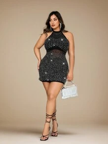 SHEIN BAE Vestito a tubino elegante per donne di taglia forte con tessuto trasparente nero in tulle e decorazioni in strass e paillette, collo alto e maniche lunghe. Perfetto per feste di laurea estive - nero - Visualizzare 1