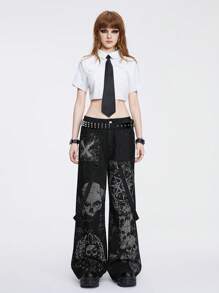 ROMWE Grunge Punk Skull Print Wide Leg Boy Friend Jeans, School - Black - View 3