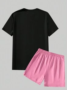 Manfinity Homme Áo thun nam có kích thước cộng với kích thước nhiệt đới & chữ cái Áo thun & quần short thắt lưng có dây rút - Nhiều màu - Xem 2