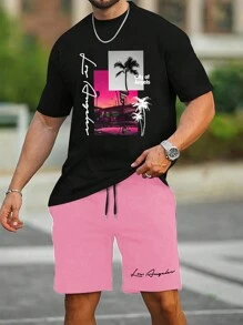 Manfinity Homme Áo thun nam có kích thước cộng với kích thước nhiệt đới & chữ cái Áo thun & quần short thắt lưng có dây rút - Nhiều màu - Xem 3