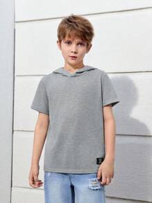 SHEIN Áo thun ngắn tay có mũ, in chữ, dành cho bé trai tuổi teen, kiểu dáng thể thao thường ngày, thích hợp cho mùa hè. - Màu Xám nhạt - Xem 3