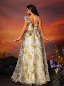 VIPGIRL Printed Mesh Ruffle-Edge Women's Evening Dress Long Dress - Yellow - View 2