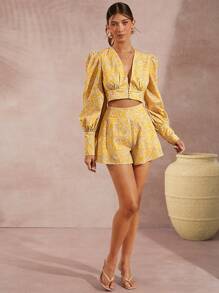SHEIN Unity Marble Gigot Sleeve Top & Shorts Two Pieces Set