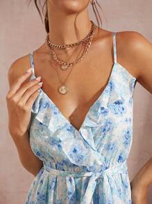 L'Amorae Floral Tiered Ruffle Tie Split Hem Maxi Dress