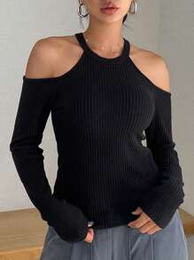 DAZY Cold Shoulder Ribbed Knit Tee Y2k Long Sleeve Women Tops - Black - View 8