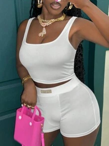 Slaydiva 2pcs/Set Women Casual Rib Pattern Tank Top And High Waist Letter Shorts Set