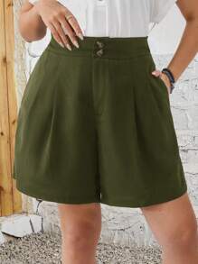 EMERY ROSE 實心釦前短褲（加大尺寸） - 軍綠色 - 查看 6
