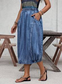EMERY ROSE Elastic Waist Slant Pocket Denim Skirt - Blue - View 6