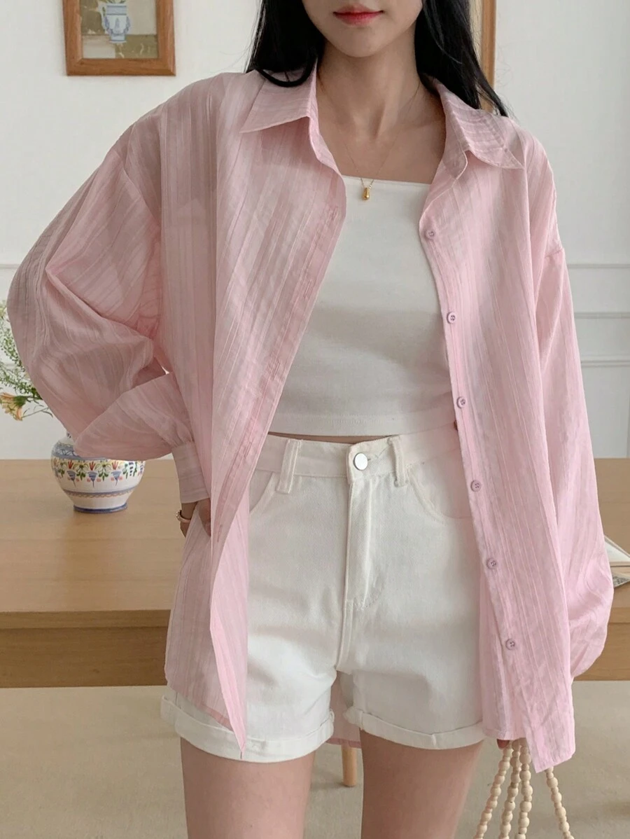 DAZY 女士商务休闲纯色长袖宽松翻领衬衫夏季透明 - 粉色 - 查看 1