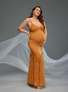 SHEIN Maternity Photoshoot Solid Mermaid Hem Cami Dress - Rust Brown - View 5