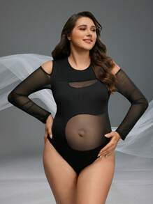 SHEIN Maternity Photoshoot Cold Shoulder Mesh Bodysuit - Black - View 5