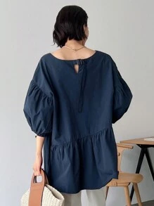 FRIFUL 纯色泡泡袖荷叶边衬衫 - 藏蓝色 - 查看 6