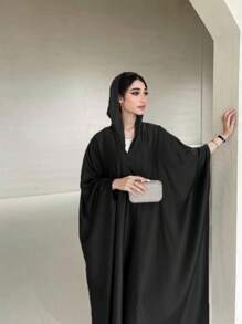优雅简约的柔软轻盈编织长款蝙蝠袖阿拉伯长袍 - 黑色 - 查看 1