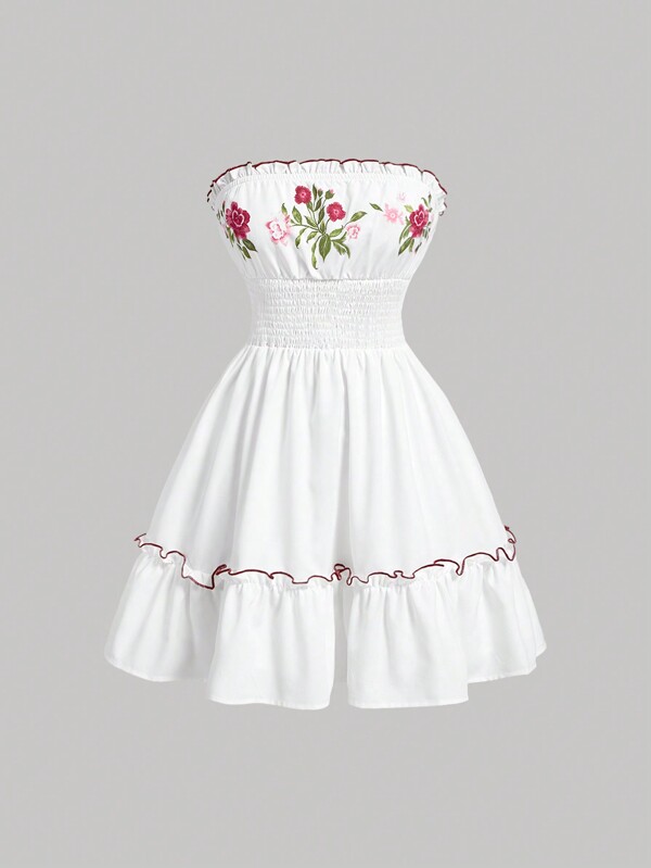 SHEIN MOD Vintage Flower Print Patchwork Ruffle Hem Tube Dress For Summer,Boho Dress,Beach Women Dresses,Going Out Dress,Festival Outfits,Casual Dress,Sundress,Tube Dress,Summer Women Dresses, Frenchy