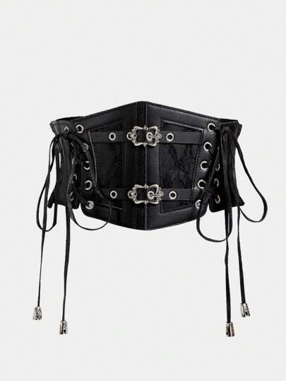 Grunge Punk 1pc Black Lace Embroidered Solid Color PU Leather Wide Waist Belt Valentines