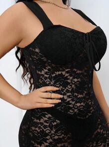Celure Plus Lace Sleeveless Dress Without Lingerie Set - Black - View 7