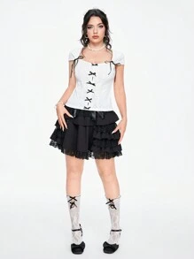ROMWE Kawaii Áo thun nữ viền ren đáng yêu có nơ màu khối trang trí Slim Fit - trắng - Xem 2